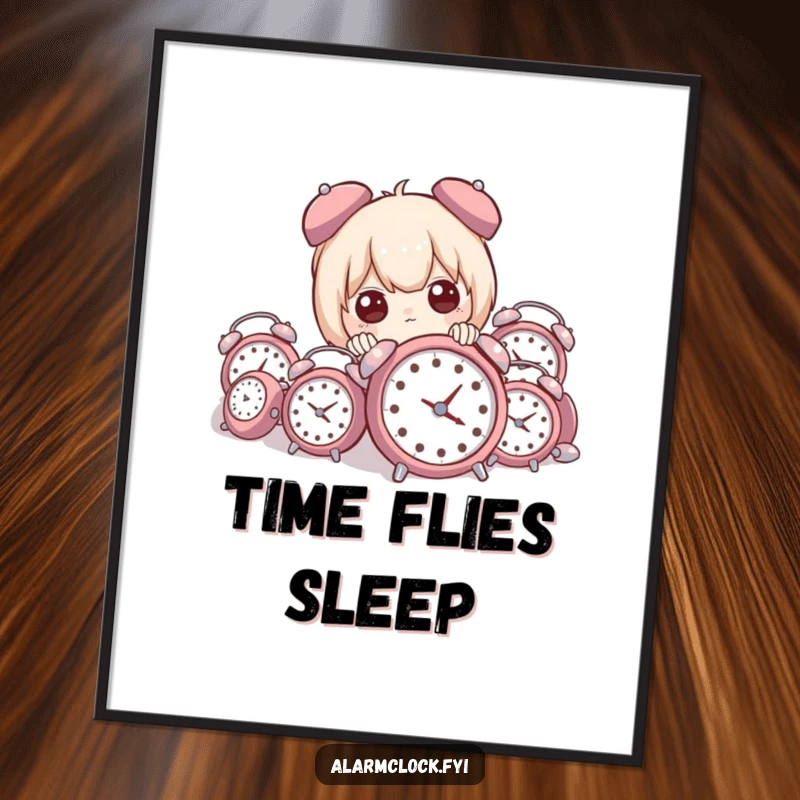 Funny poster art of a character peeking from behind a precarious pile of numerous tiny alarm clocks, suggesting a comical morning rush.