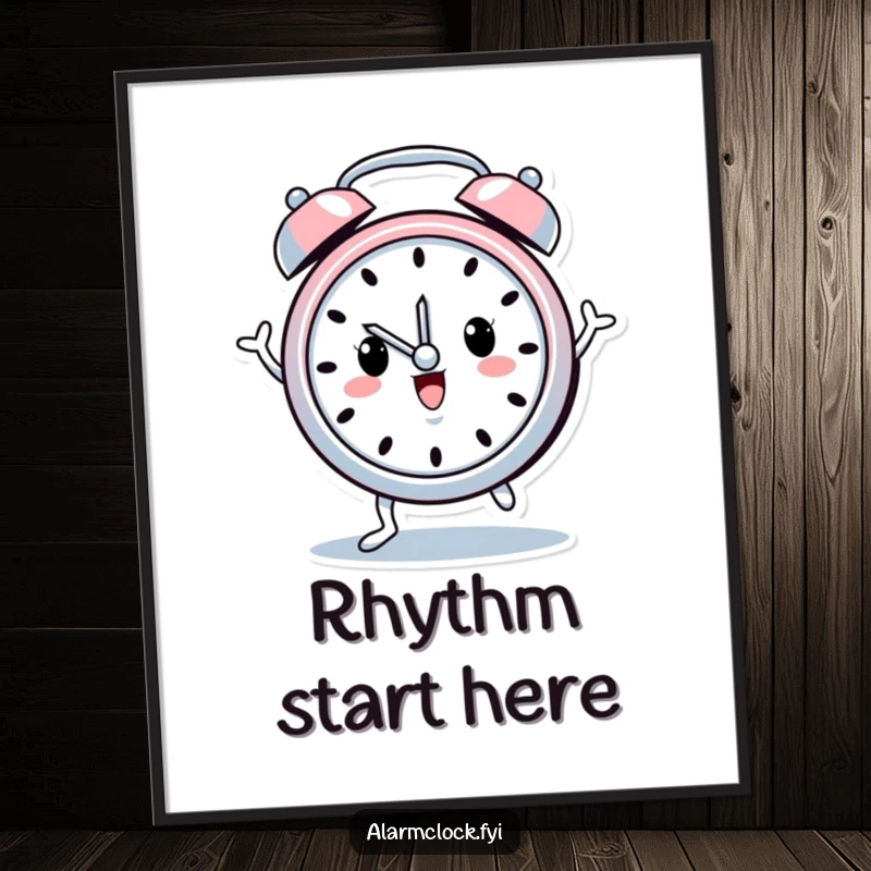 Funny poster showcasing a cheerful alarm clock character with tiny legs performing a delightful, happy dance, adding joy to any wall.