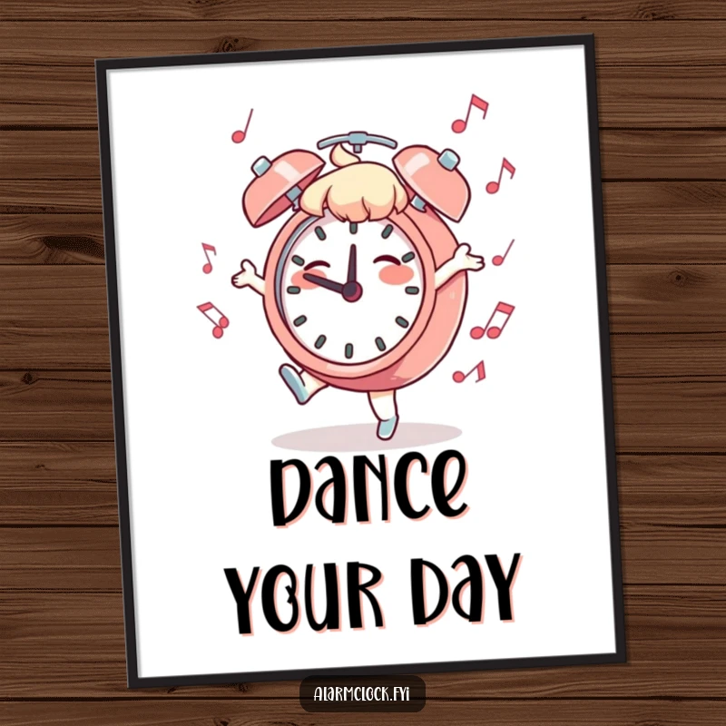 Funny Dancing Clock Poster: A character dancing with musical notes emanating from an alarm clock, celebrating joy and rhythm.