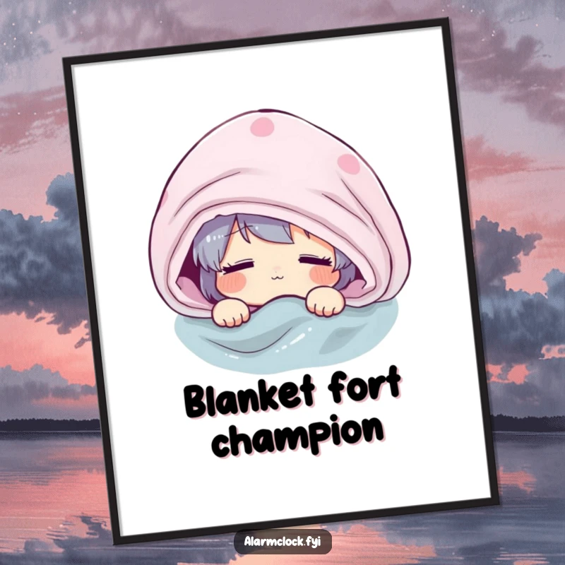 Funny poster depicting a groggy character peeking from under a blanket, a humorous take on the struggle to wake up.