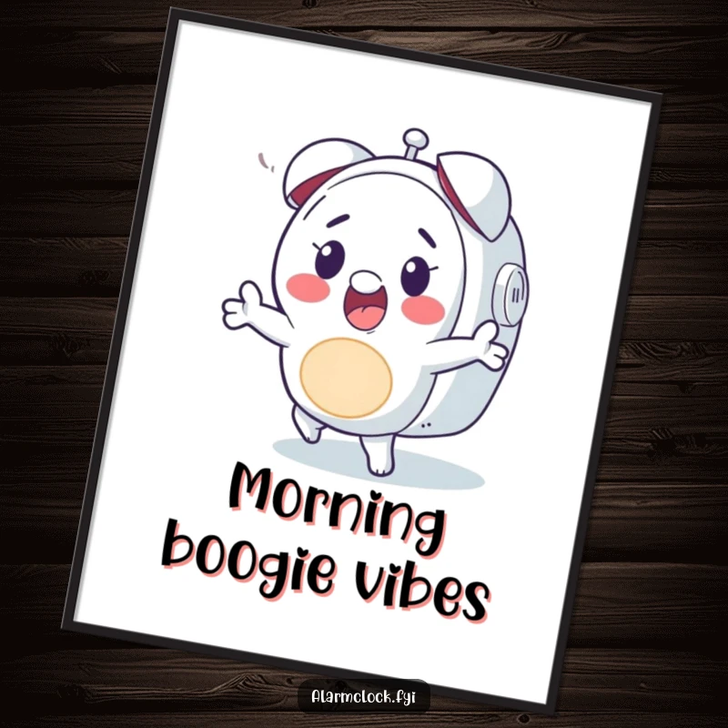 Funny poster of a cheerful character doing a lively dance to an alarm clock's ring, adding musical humor to art.