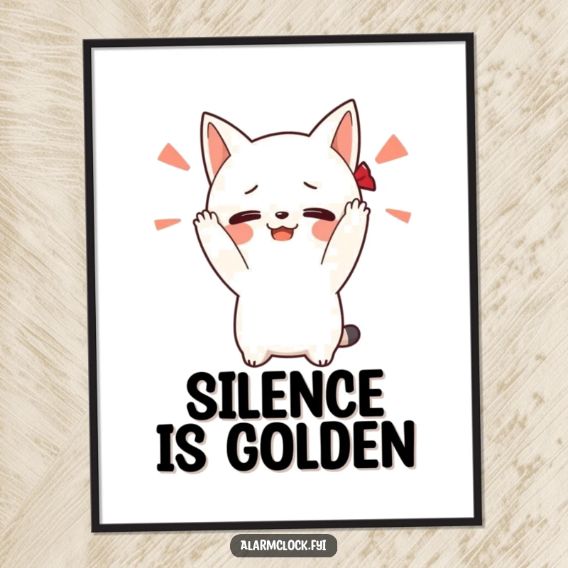 Funny poster art of a blushing character covering its ears to block out a loud alarm sound, symbolizing the shock of waking up.