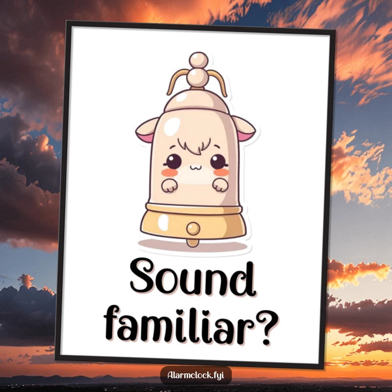 Funny poster art of a curious character peeking from behind a large ringing bell, highlighting a moment of discovery.