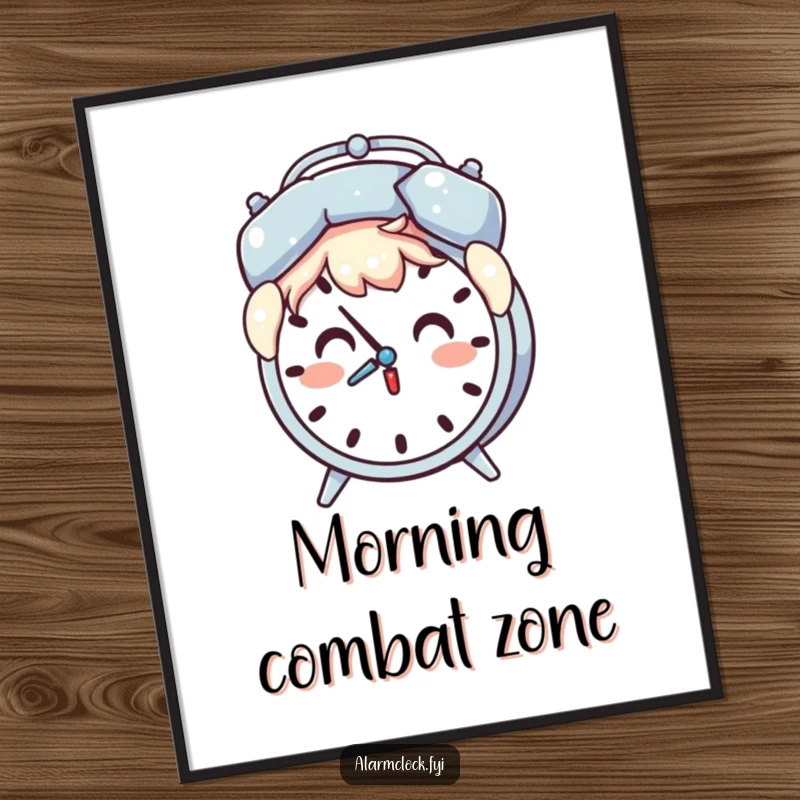 Funny poster of a surprised character holding a pillow over their head as an alarm clock chimes.