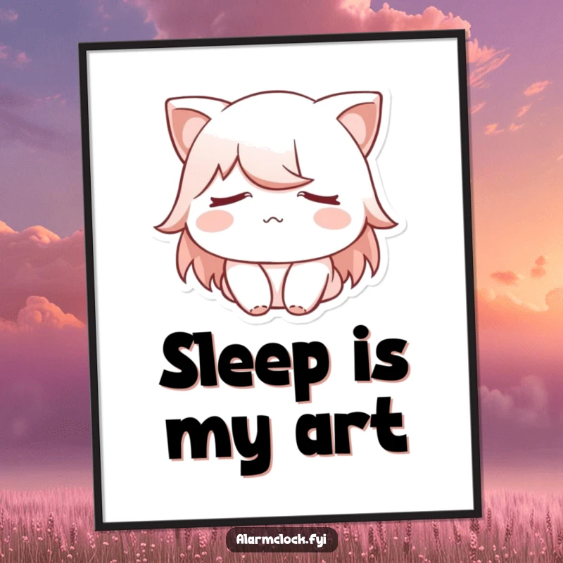 Funny poster featuring a sleepy character with eyes covered, evoking a sense of peaceful slumber and gentle humor.