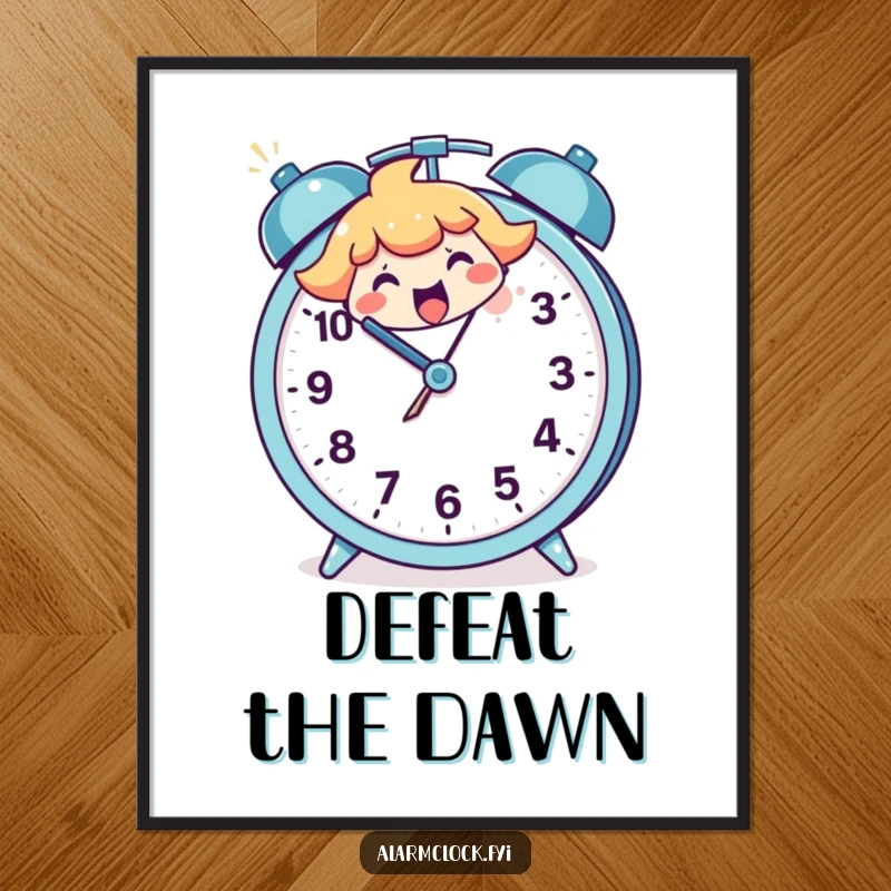Funny poster art of a character happily smashing a large, cartoon alarm clock, a humorous celebration of overcoming morning dread.