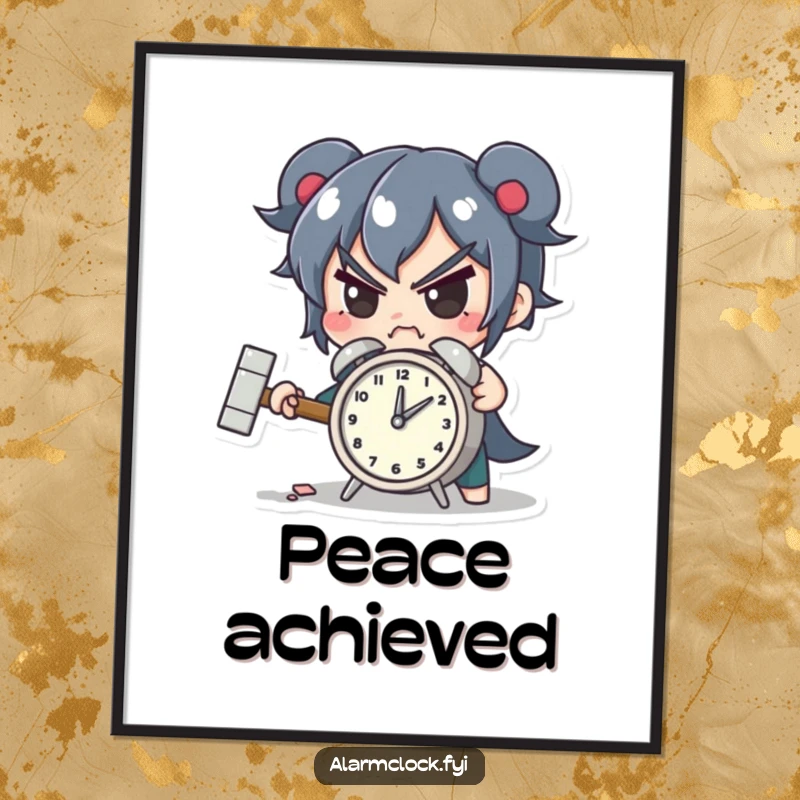 Funny poster of a determined character smashing a tiny alarm clock with a hammer, perfect for humorous decor.