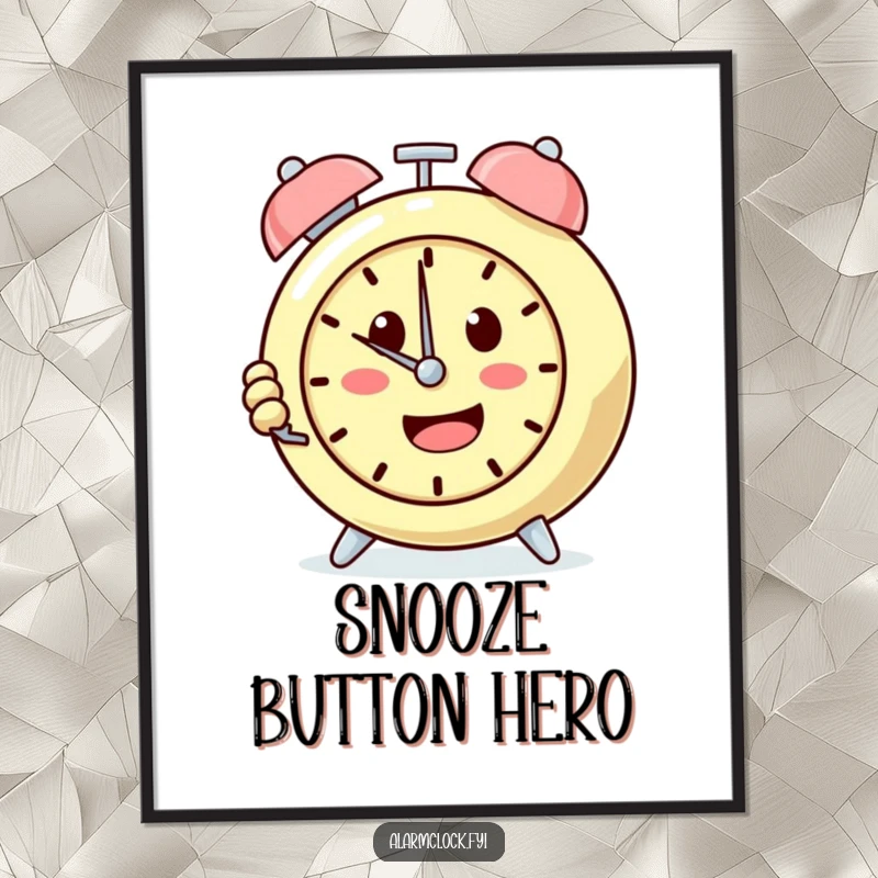 Funny poster of a determined alarm clock character repeatedly pressing the snooze button, a humorous ode to sleeping in.
