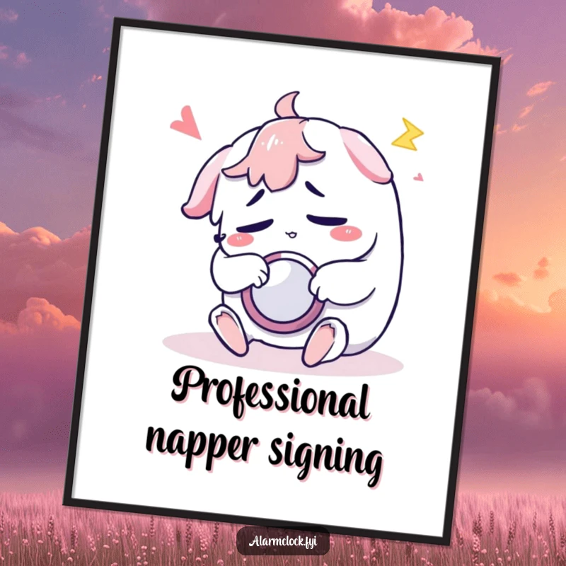 Funny poster art of a sleepy character relentlessly pressing a snooze button, a humorous take on morning struggles.