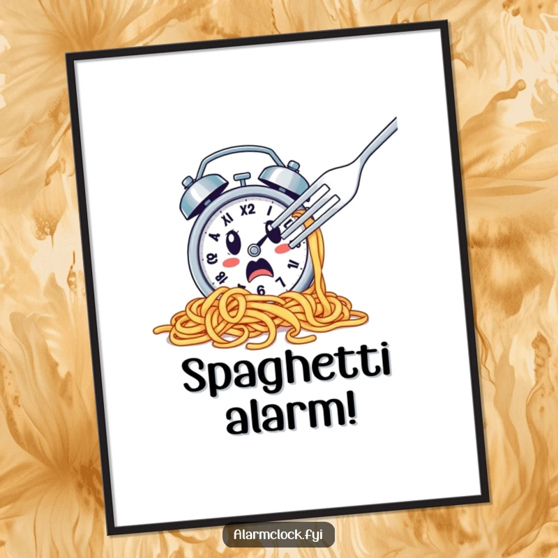 Funny poster illustrating a spaghetti-covered alarm clock fleeing a fork, adding humorous breakfast-themed art.
