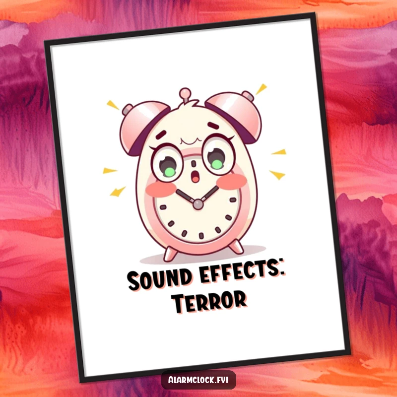 Funny poster featuring a wide-eyed character in shock from loud alarm clock bells, perfect for humorous wall decor.