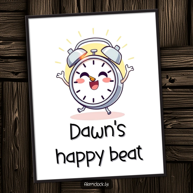 Funny poster art of a cheerful alarm clock character dancing with joy as the sun rises, ideal for humorous wall decor.