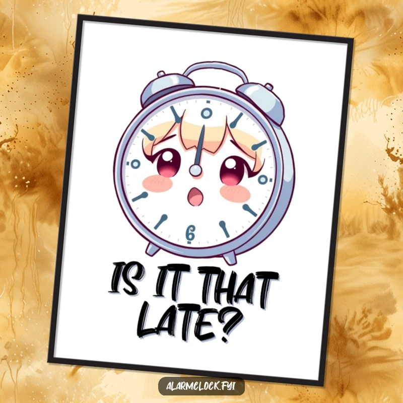 Funny poster art of a character with a shocked expression, looking at a clock spinning at high speed, capturing the feeling of time flying.