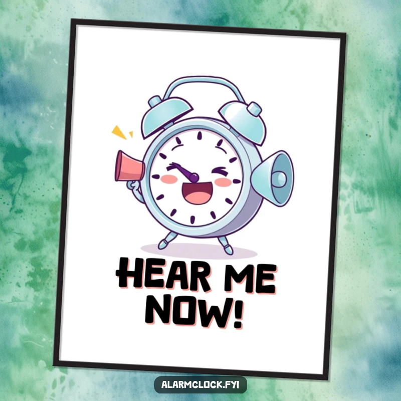 Funny Poster: A determined alarm clock character holding a megaphone and shouting enthusiastic, happy greetings.