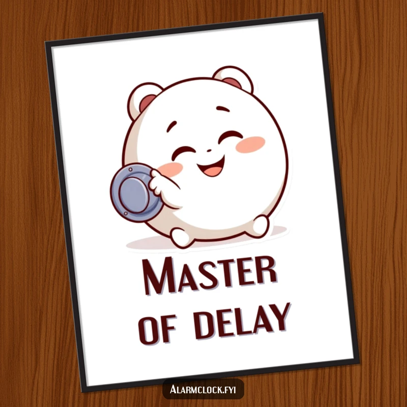 Funny poster art of a smiling character cheerfully hitting a snooze button, capturing the universally relatable desire for a few more minutes of sleep.