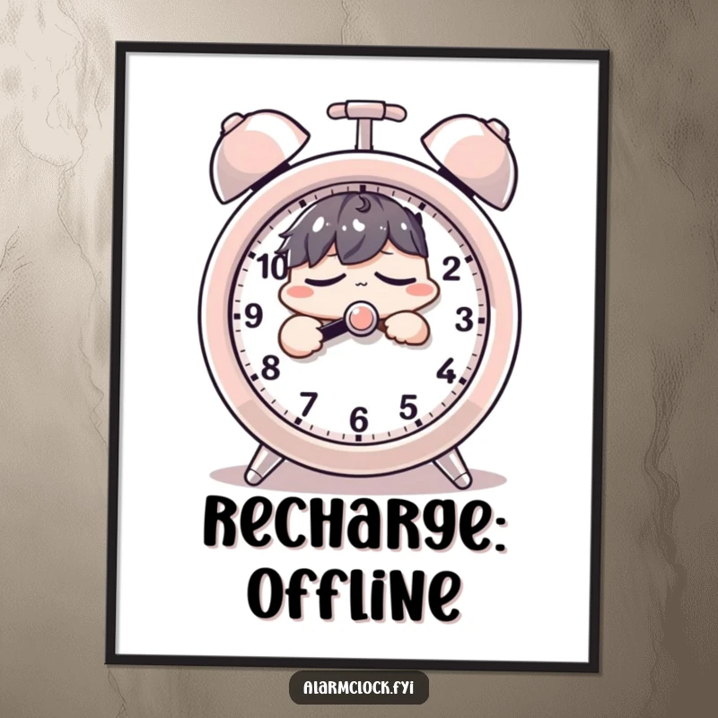 Funny poster of a sleepy character groggily pressing a giant alarm clock's snooze button, perfect for humorous decor.