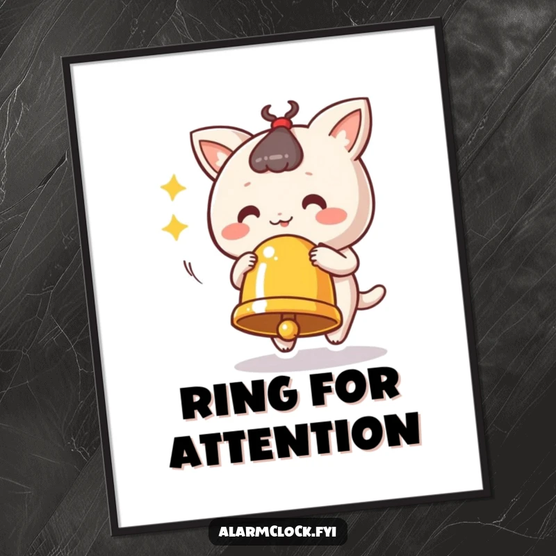 Funny ringing bell poster featuring a cute character vigorously ringing a bell, adding sound and humor to decor.
