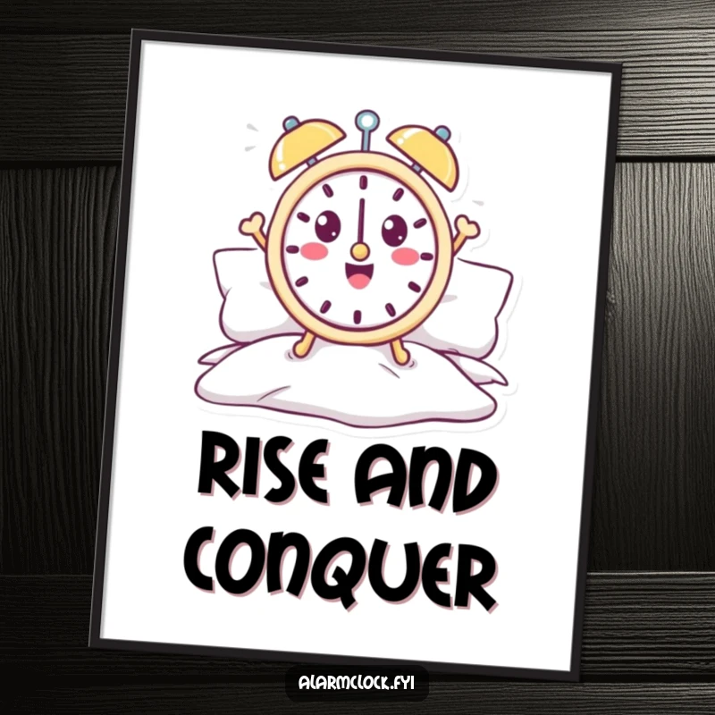 Funny alarm clock poster featuring a cheerful character leaping energetically from bed.