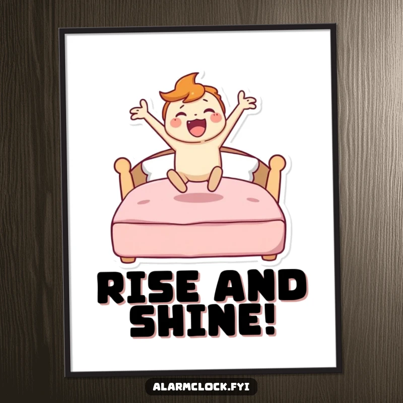Funny poster art of a character joyfully jumping out of bed, capturing the essence of a high-energy, motivated morning.