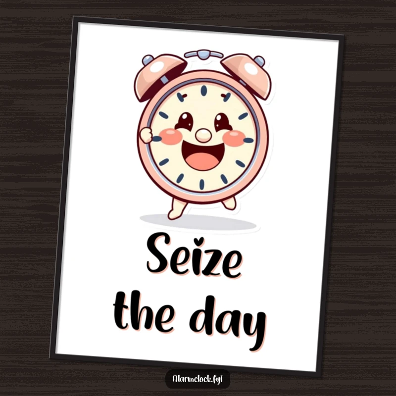 Funny poster of a cheerful character determinedly grabbing a loud, ringing alarm clock, celebrating the morning wake-up call with humor.