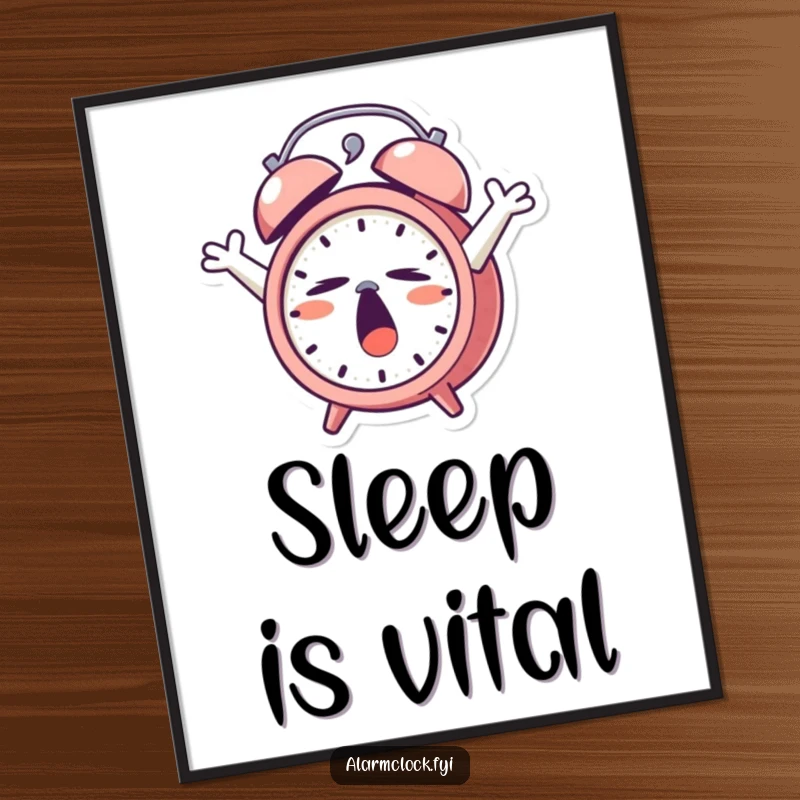 Funny Poster: A tired alarm clock character stretching its arms wide in a huge yawn, conveying deep sleepiness.