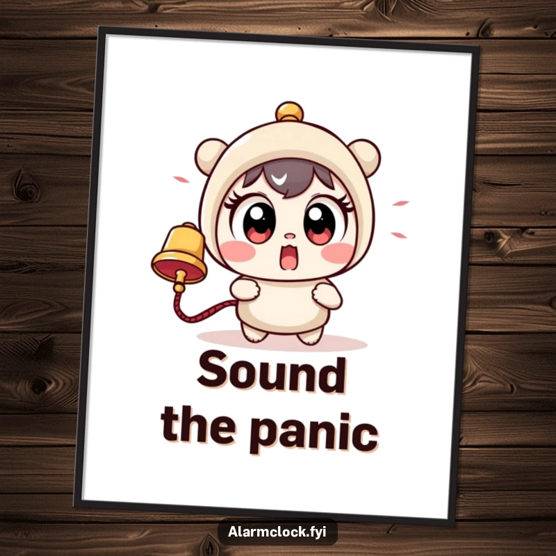 Funny poster art of a cute character with wide, startled eyes jumping away from a loud ringing bell, adding humor to any room.