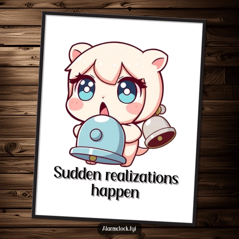 Funny poster of a character with wide, startled eyes, jolted by a ringing bell, bringing comical surprise to wall art.