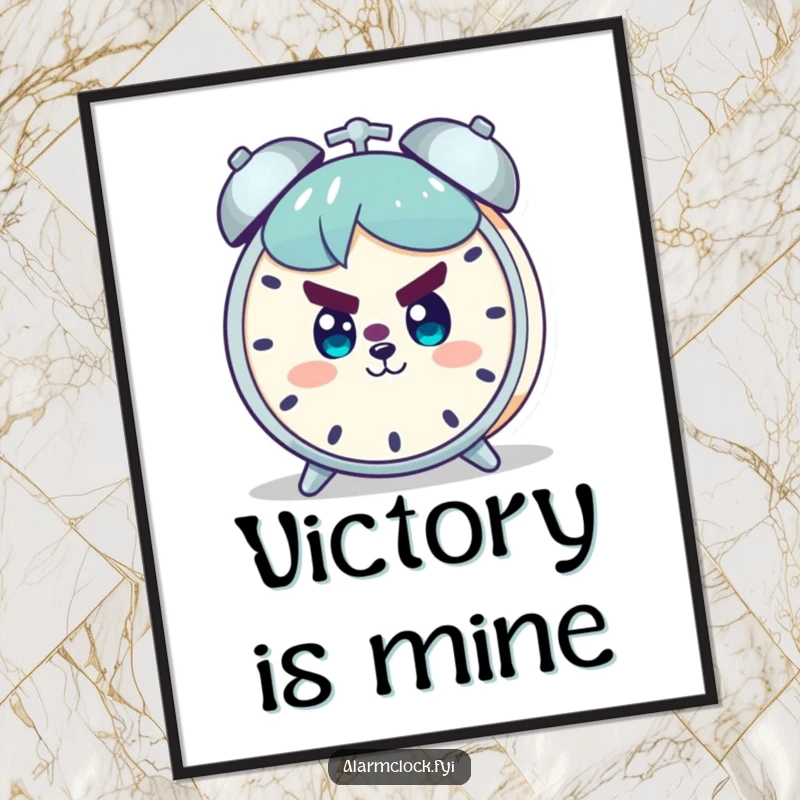 Funny poster of a character with a determined look and a confident smile, facing an alarm clock, symbolizing morning resolve and positivity.