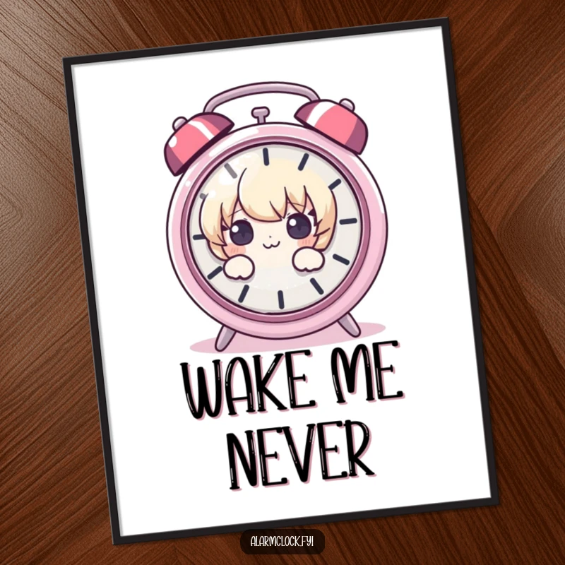 Funny poster art of a wide-eyed character cautiously peeking around a jarringly ringing alarm clock, depicting relatable morning dread humorously.