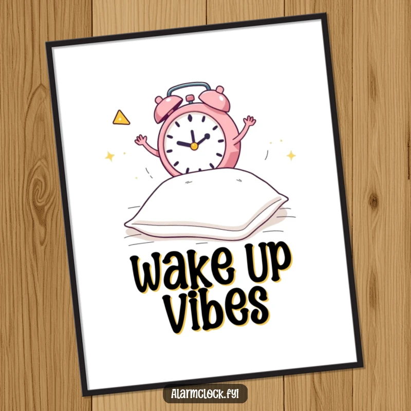 Funny poster depicting a frantic alarm clock jumping on a bed to wake a dozing pillow, a humorous and dynamic piece of art.