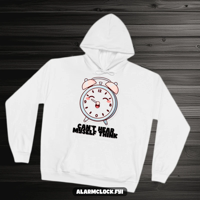 Funny hoodie featuring a giggling alarm clock character dramatically covering its ears, ideal for cozy and humorous comfort.