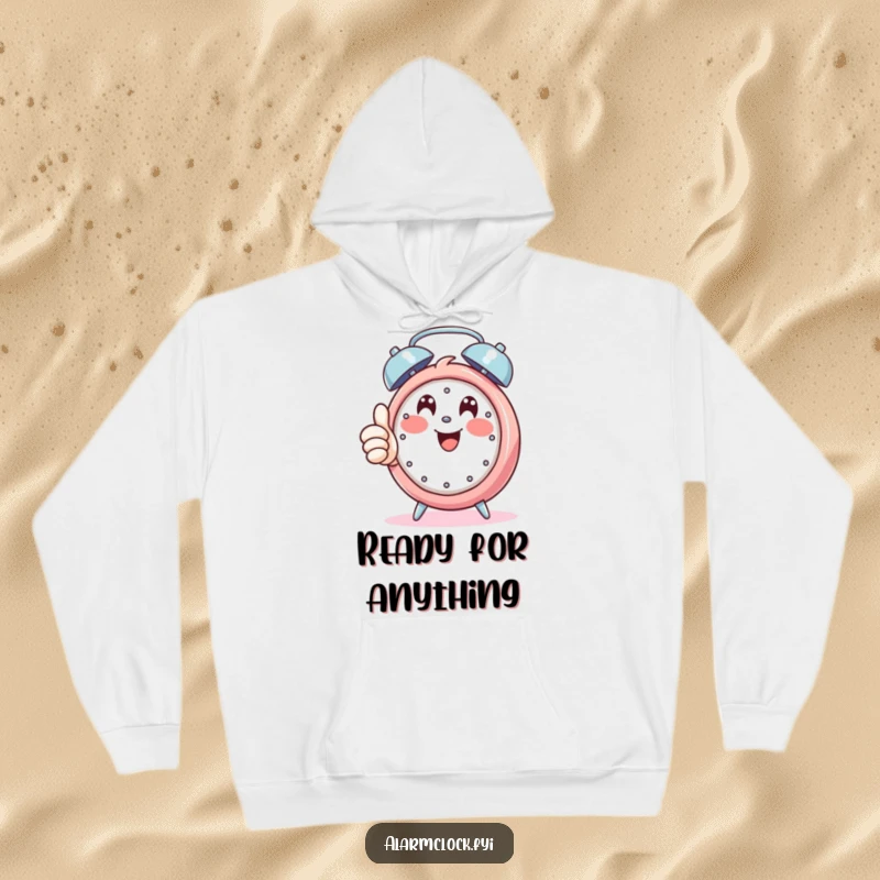 Funny hoodie with a happy character giving a thumbs up while an alarm rings, radiating positivity and warmth.