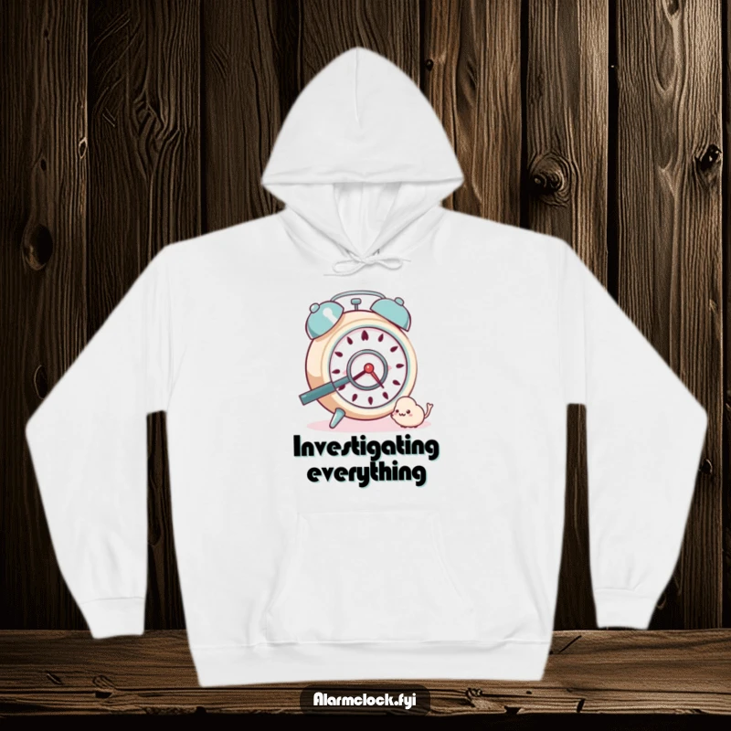 Funny Hoodie: A focused alarm clock with a magnifying glass, peering closely at a tiny dust bunny.