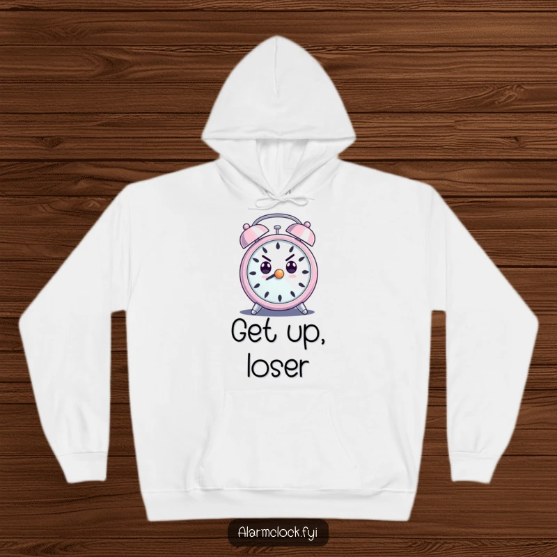 Funny hoodie with a determined, loud-ringing alarm clock character, symbolizing motivation and the drive to succeed.