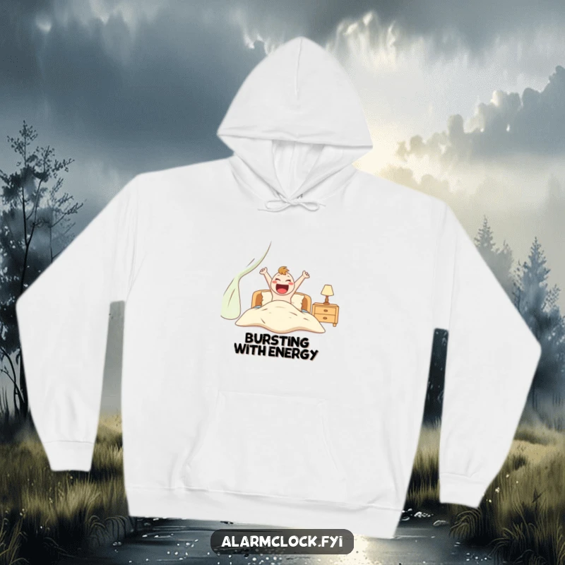Funny hoodie showing an ecstatic character bounding out of bed, perfect for expressing lively morning spirit humorously.