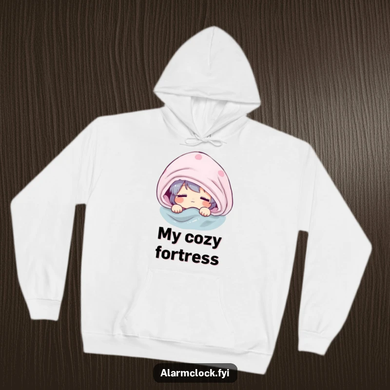 Funny hoodie featuring a character groggily emerging from under a blanket, perfect for staying warm and expressing morning blues.