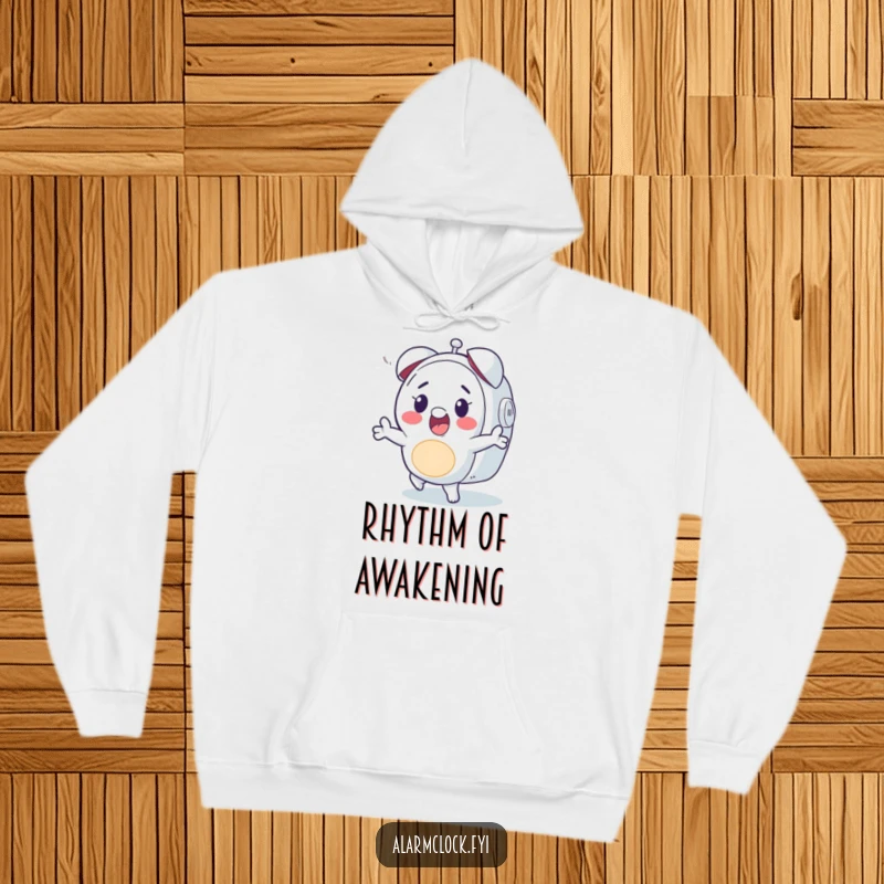 Funny hoodie with a happy character doing a little jig to an alarm clock's sound, perfect for humorous, musical relaxation.