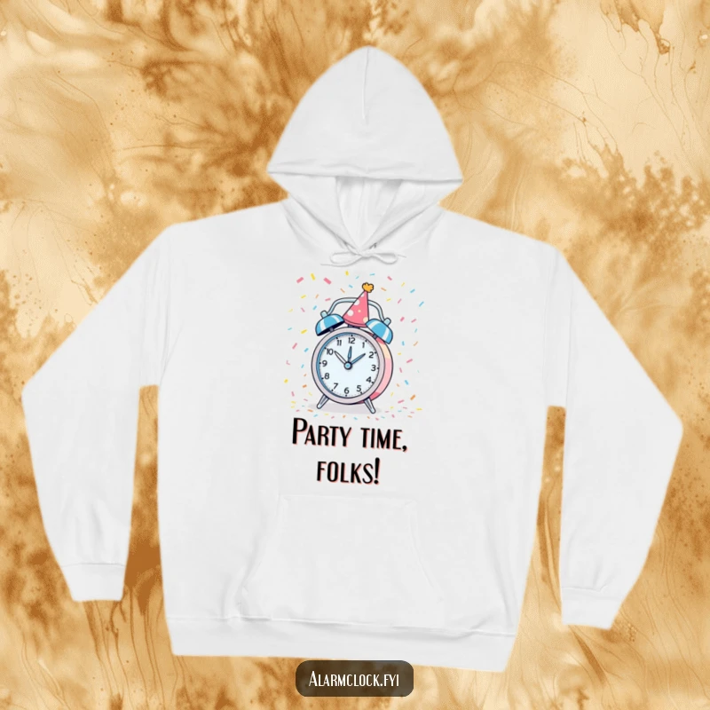 Funny hoodie with a party-hat-wearing alarm clock spinning with confetti, ideal for festive and cozy wear.