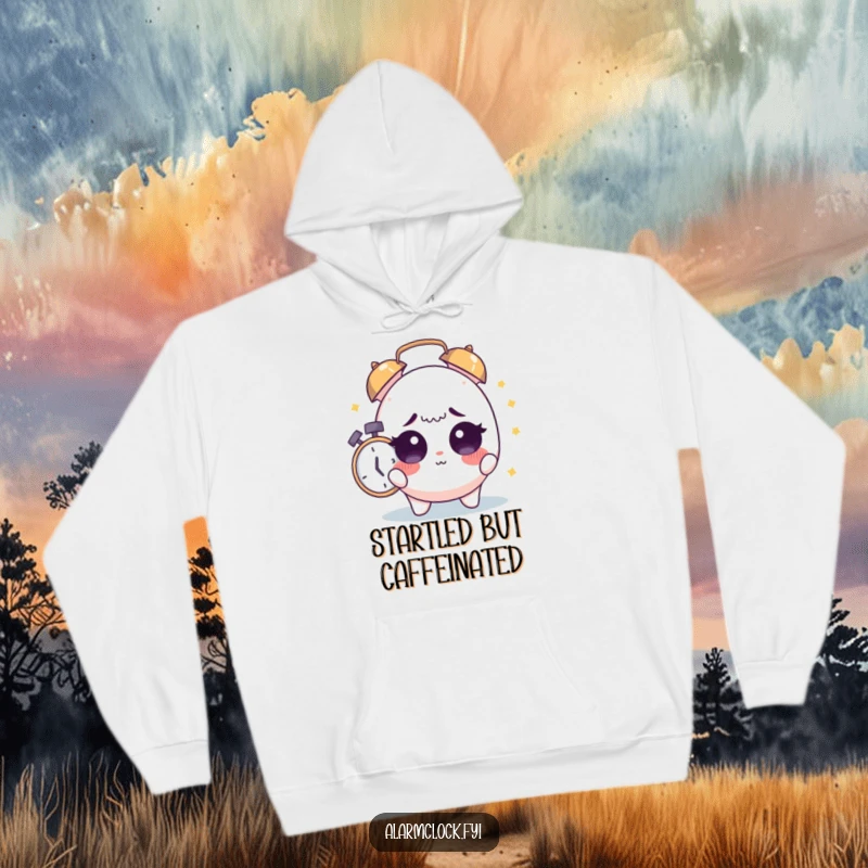 Funny Sleepy Awakening Hoodie: Cute character startled awake by an alarm, depicting funny morning shock.
