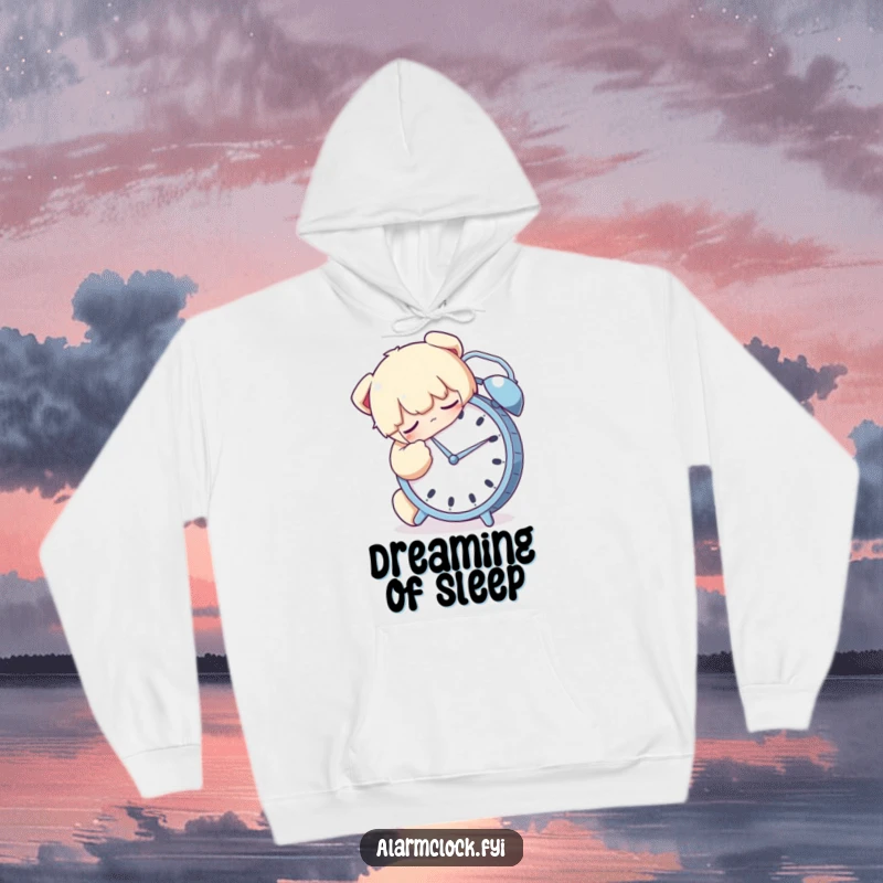 Funny hoodie showing a character asleep and hugging an alarm clock tightly, representing ultimate comfort and sleep.