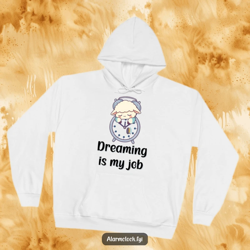 Funny hoodie with a sleepy sheep in pajamas napping on an alarm clock, a warm and humorous design for relaxation.