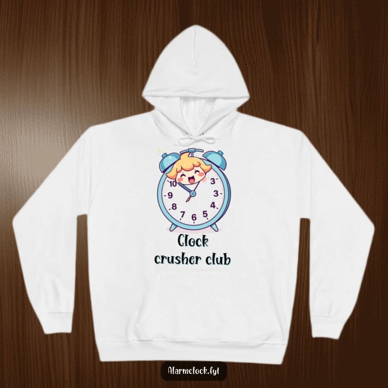 Funny hoodie showing a character happily smashing a large, cartoon alarm clock, a humorous representation of morning defiance.