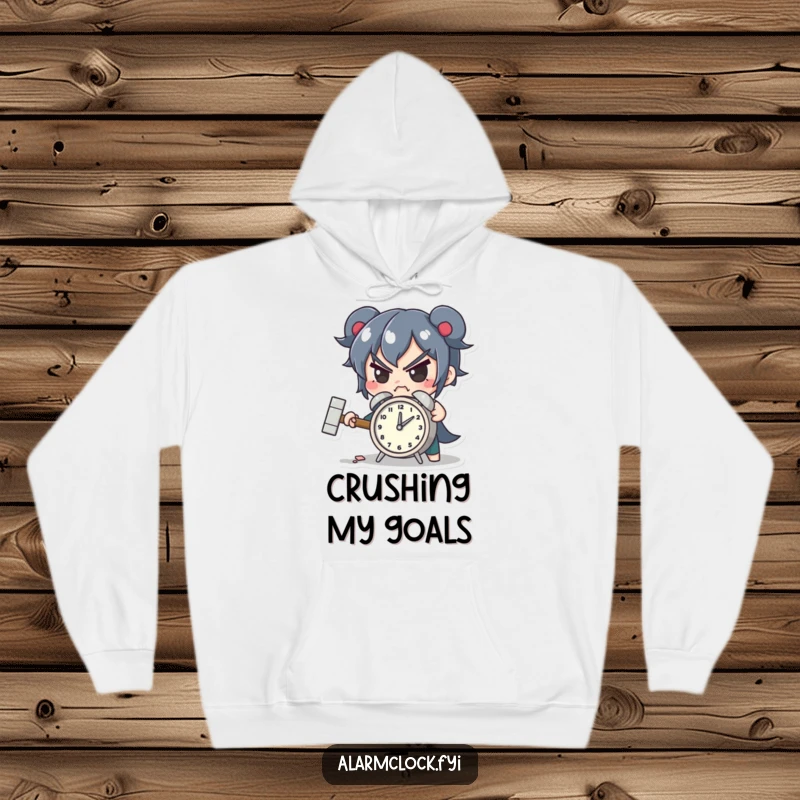Funny hoodie with a determined character smashing a tiny alarm clock with a hammer, ideal for cozy, humorous empowerment.