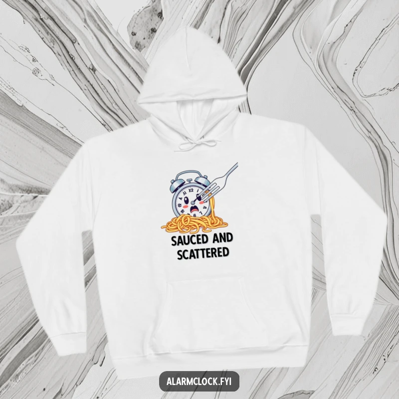 Funny hoodie featuring a spaghetti-covered alarm clock escaping a fork, ideal for cozy, humorous wear.