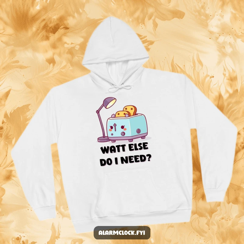 Funny hoodie showing a toaster trying to toast bread with a desk lamp, a warm and humorous graphic for cold days.