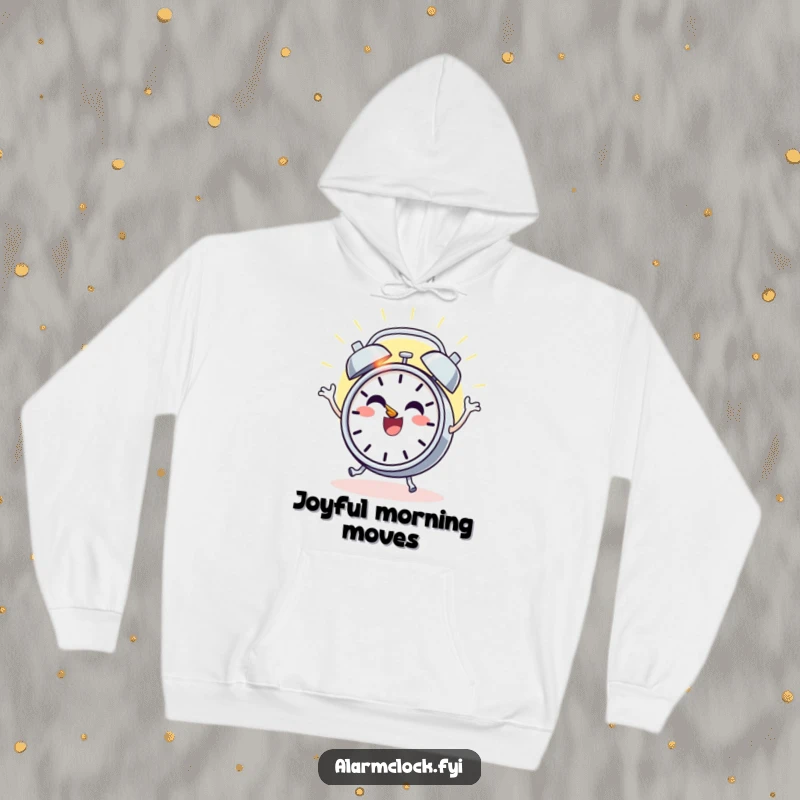 Funny hoodie featuring a cheerful alarm clock character dancing with joy as the sun rises, offering cozy and humorous comfort.