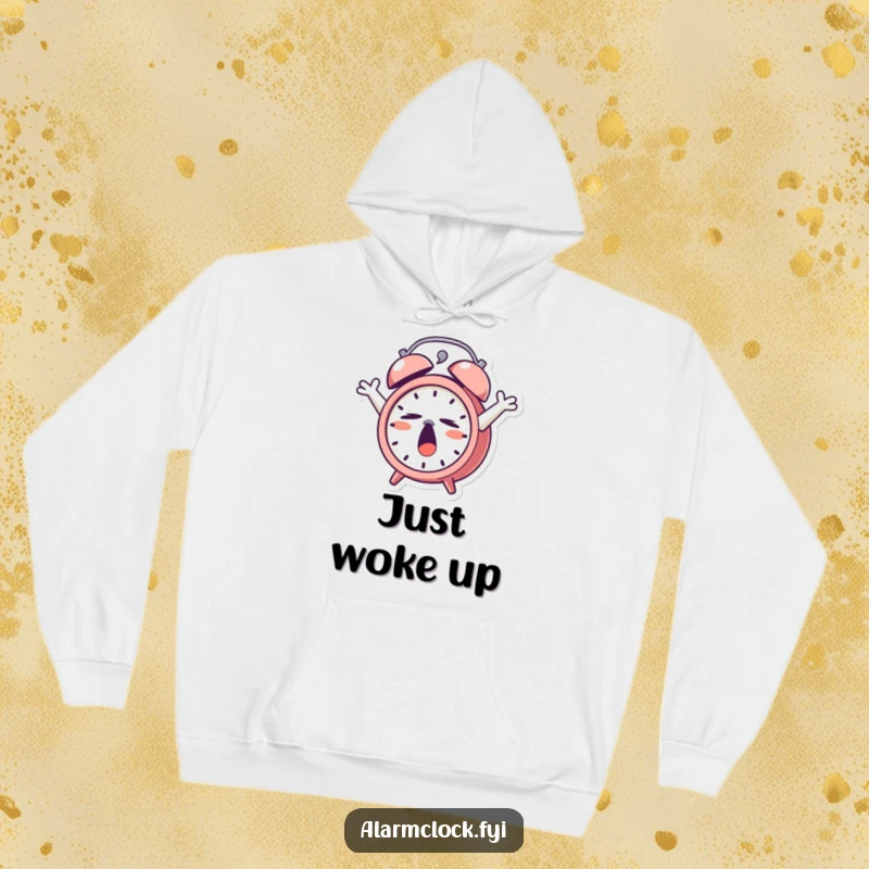 Funny Hoodie: A yawning alarm clock character stretching its arms, radiating ultimate coziness and sleepiness.
