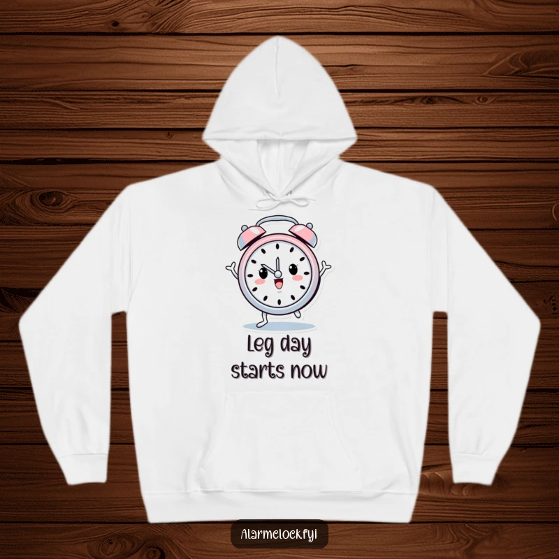 Funny hoodie depicting a cheerful alarm clock character with tiny legs doing a lively, happy dance, perfect for cozy mornings.
