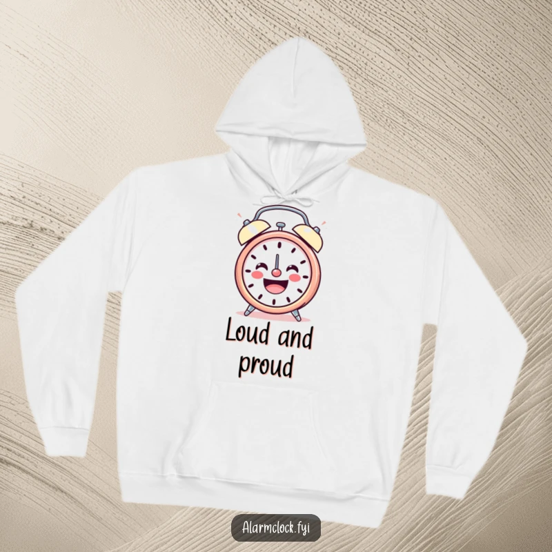 Funny hoodie featuring a smiling alarm clock character ringing loudly with cheerful energy, offering cozy and humorous comfort.