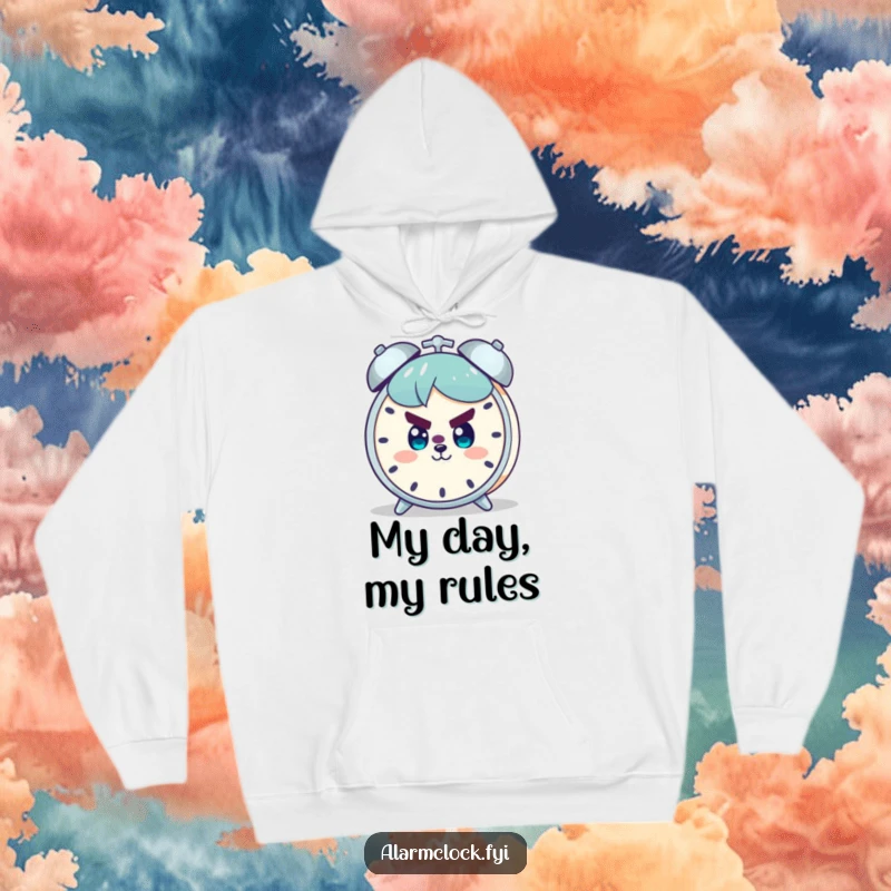 Funny hoodie featuring a character with a determined and smiling expression, confronting an alarm clock, perfect for cozy, empowering moments.